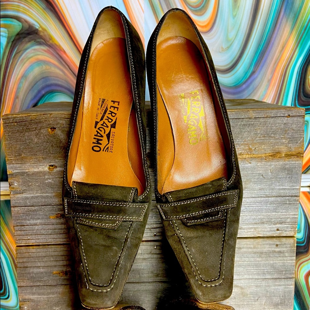 Forest green suede Ferragamo loafer style heels
